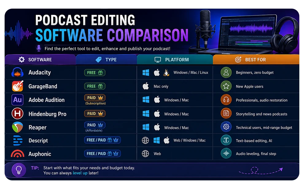 Best Podcast Editing Software Compared (Free & Paid) 7 Podcast Editing Software Comparison infographic