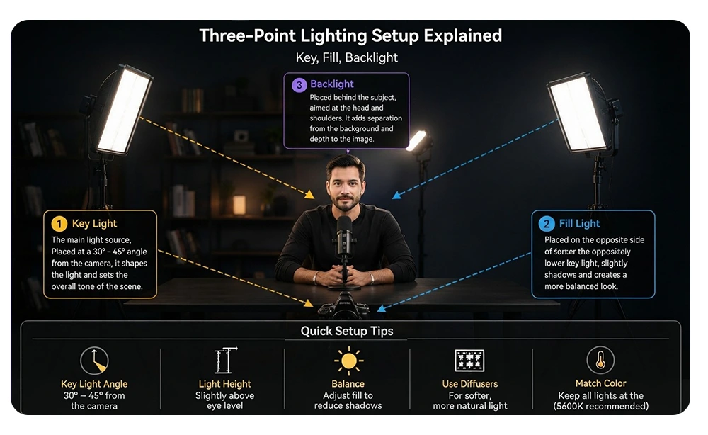 best lighting for video podcasts in 2026 1 Three Point Lighting